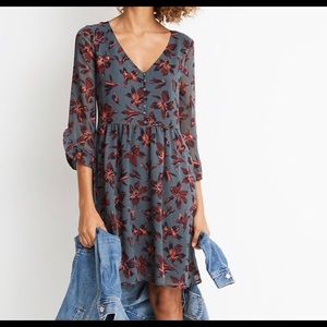 Madewell Slate Gray Floral V-Neck Babydoll Dress with Rust Flowers